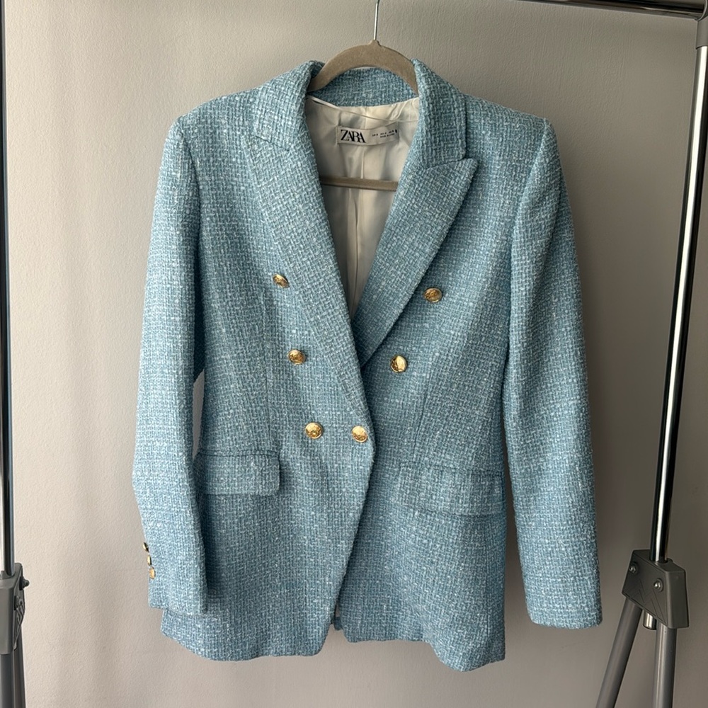 NEW ZARA LIGHT BLUE TWEED OVERSIZED DOUBLE BREASTED  BLAZER GOLD BUTTONS SMALL
